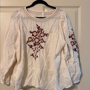 White Embroidered Peasant Blouse with Floral Detail